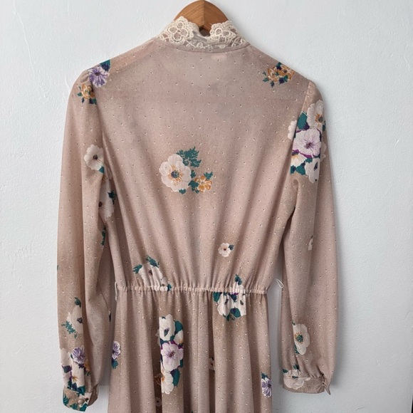 Vintage Union made floral lace neck long sleeve midi dress Size XS/S - Picture 6 of 8